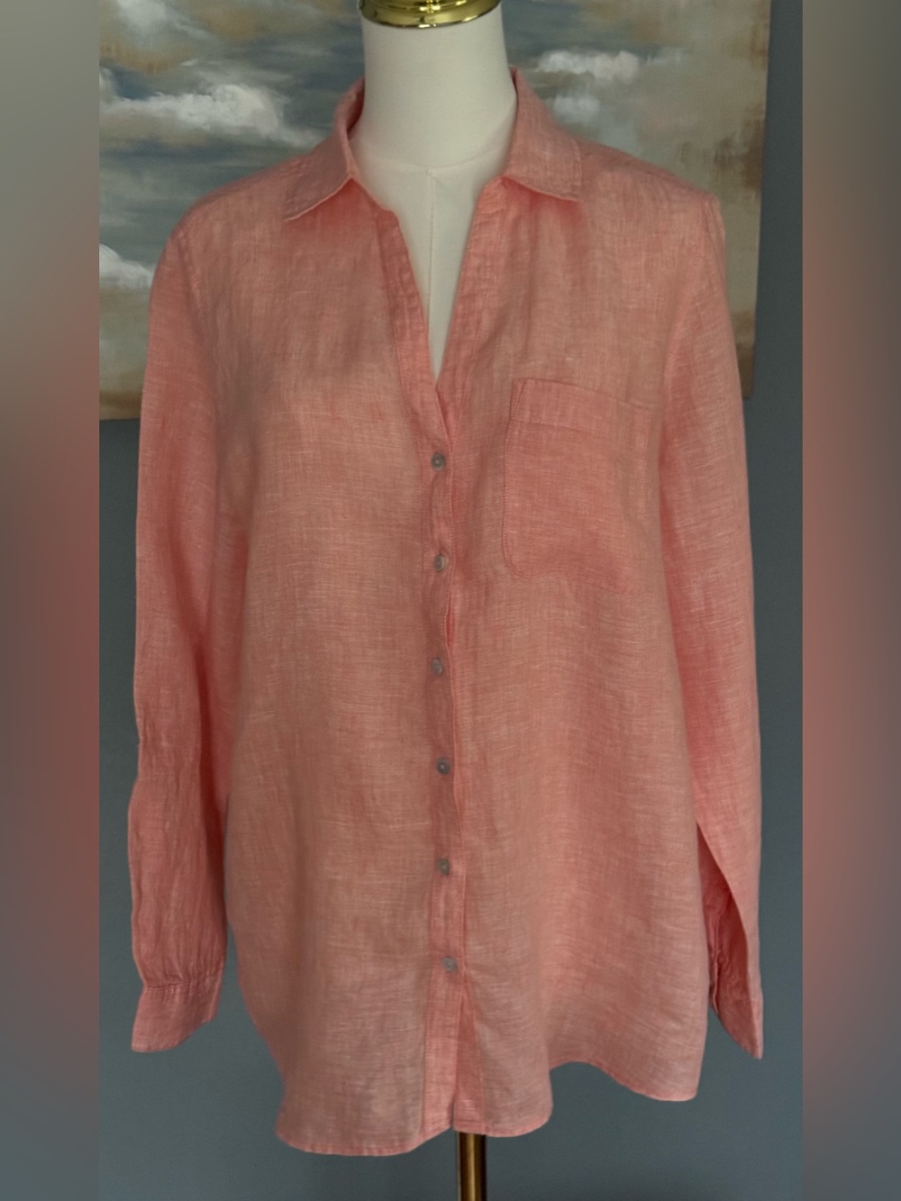 NWOT Sigrid Olsen 100% Linen Button Down Shirt M Peach Roll Tab Sleeve Coastal